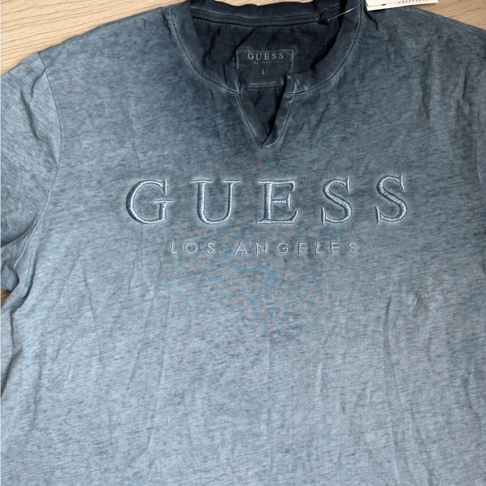 NWT GUESS Men's Washed Denim-Blue Short Sleeve Logo Tee